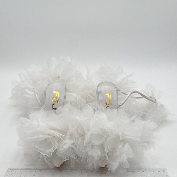 FSJ White Pointed Toe Lace-Up Sandals Tulle and Feather Bridal Shoes - Picture 3 of 8